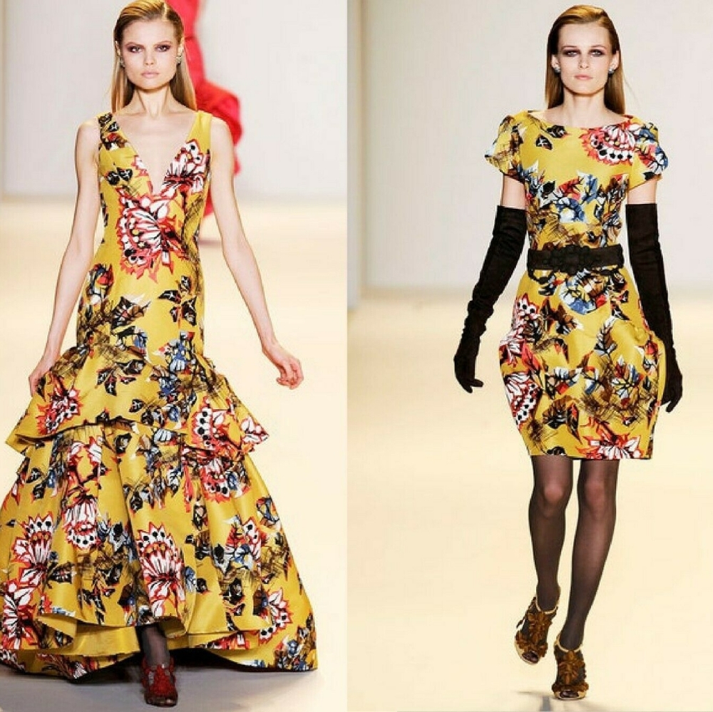 ○$5,200 NEW CAROLINA HERRERA SILK GOLDEN FLORAL RUNWAY DRESS 2